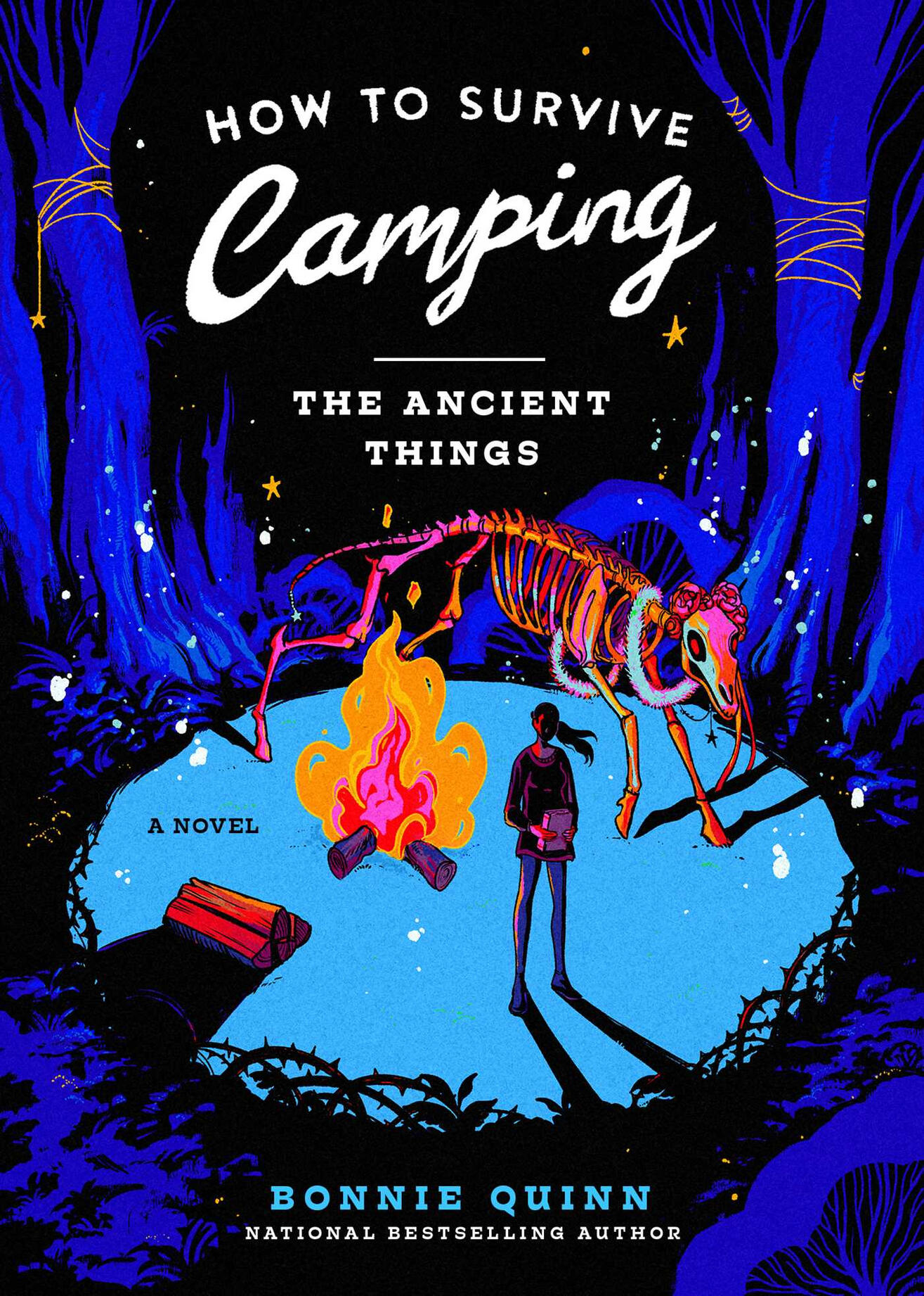 A cover of a book titled How to Survive Camping: The Ancient Things. A woman stands in front of a fire, with a skeletal horse behind her.